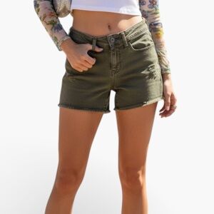 American Eagle Hi-Rise Shortie Super Stretch Olive Green Cutoff Denim Shorts 4